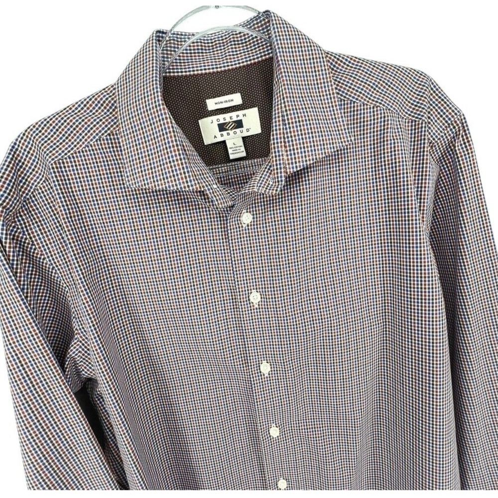 Joseph Abboud Mens L Shirt Red Blue Gingham Plaid Non Iron Cotton Long Sleeve